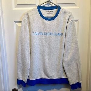 Calvin Klein Jeans Pull Sweater Large Women Gray Blue long sleeve spellout shirt